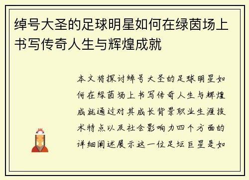 绰号大圣的足球明星如何在绿茵场上书写传奇人生与辉煌成就